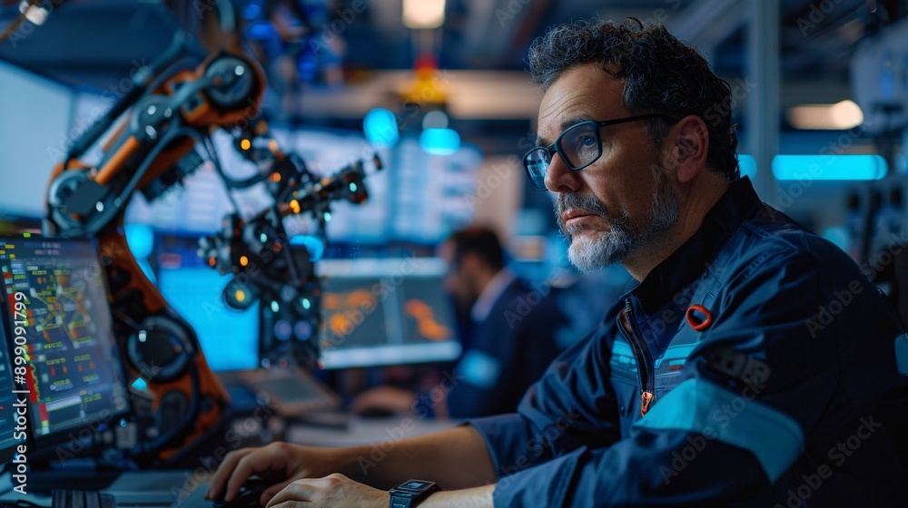 18. A senior engineer at a robotics company, programming a robot arm. The engineer is seated at a workstation with multiple monitors, typing code, while the robot arm performs precise movements. The 18. A senior engineer at a robotics company, programming a robot arm. The engineer is seated at a workstation with multiple monitors, typing code, while the robot arm performs precise movements. The