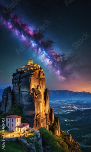 Meteora Monastery under Milky Way at Night.