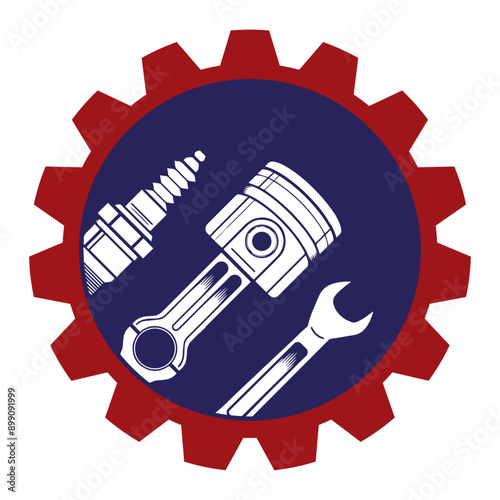 Gear with pison head, spark plug and spanner photo