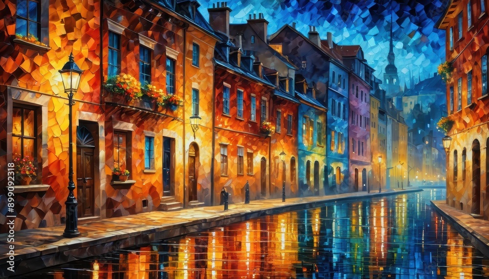 Fototapeta premium Nighttime Reflections in a European Canal.