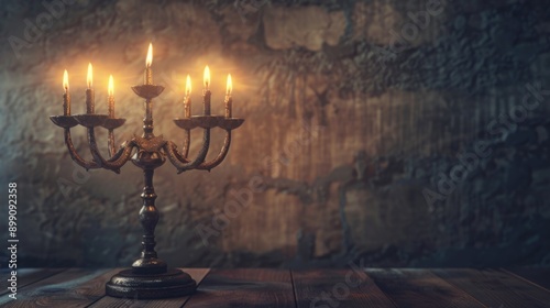 Wooden table with five lit candles