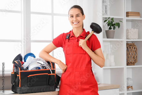 Female plumber with plunger...