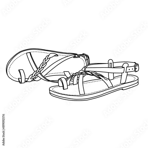 Women's Flat Sandals - Casual Cute Criss Cross Strappy Flat Summer Shoes Line art, Technical sketch hand drawing outline vector doodle illustration isolated on white background