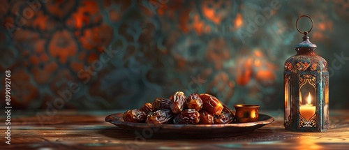 Photo of dates with kebuli on plate on lightning background. Generative ai. photo