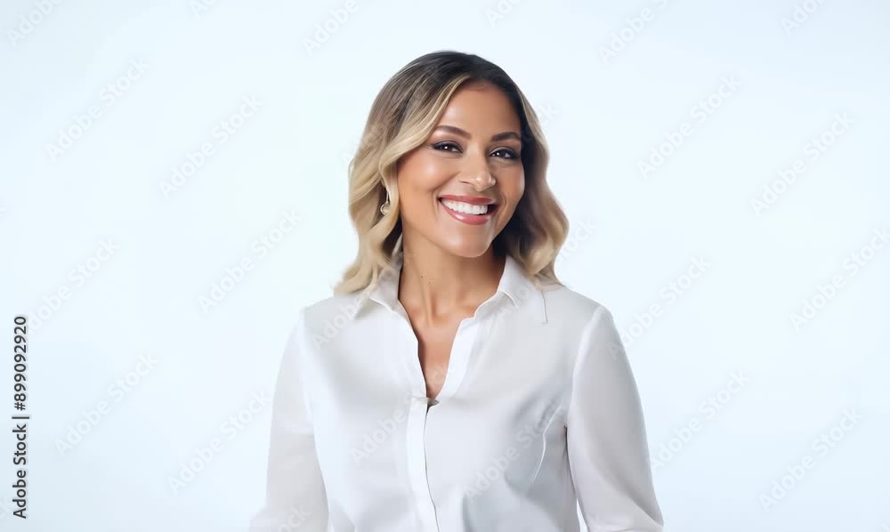 Radiant happy woman in her 40s wearing white shirt and posing on white background Radiant happy woman in her 40s wearing white shirt and posing on white background