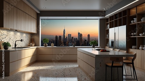 Modern style luxury interior with city view 3d render, There are terrazzo floor decorated wall with hidden light