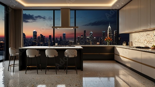 Modern style luxury interior with city view 3d render, There are terrazzo floor decorated wall with hidden light
