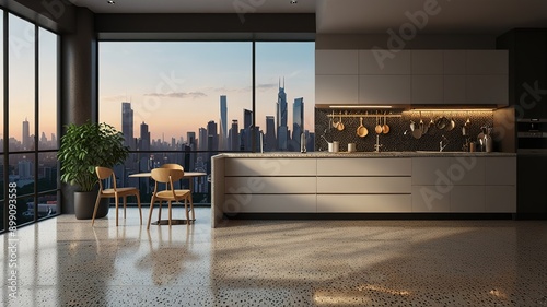 Modern style luxury interior with city view 3d render, There are terrazzo floor decorated wall with hidden light