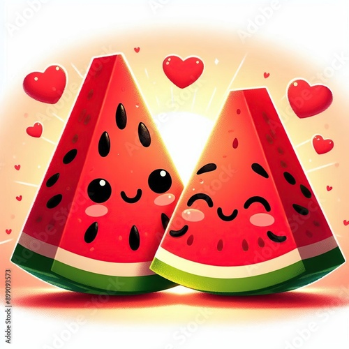 Wallpaper Mural bright picture, two watermelon slices with faces, red hearts on yellow gradient background, positive Torontodigital.ca
