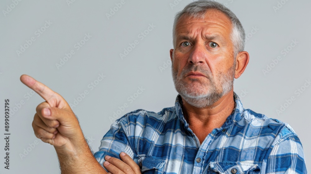 Mature man with serious expression pointing to the side, wearing plaid shirt and standing against plain background.