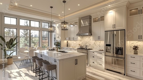 Sun drenched modern kitchen featuring white shaker cabinets, a large island, and stainless steel appliances