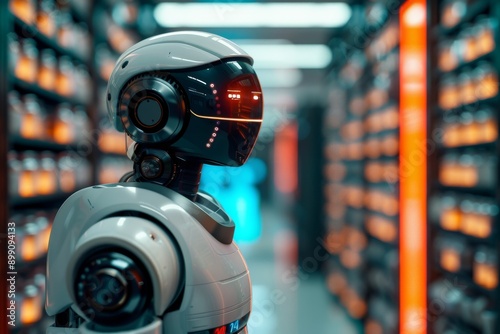 Cybernetic robot in a high tech storage facility representing AI driven logistics advanced technology and futuristic innovation