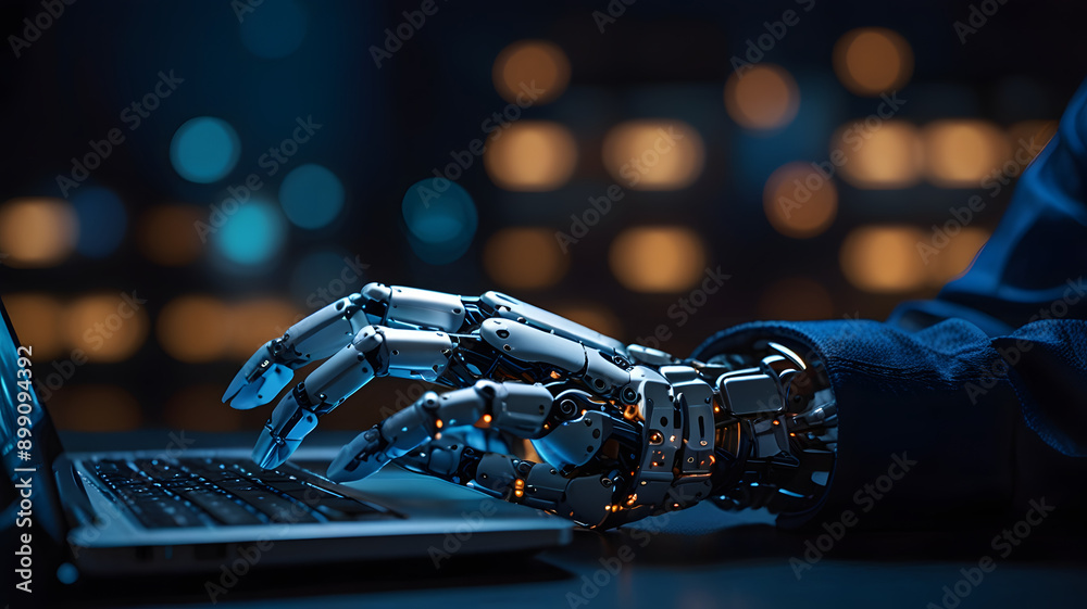 Fototapeta premium AI artificial intelligence robot advanced android technology control computer system laptop electronic digital, innovation future futuristic robotics human interaction connection working automation