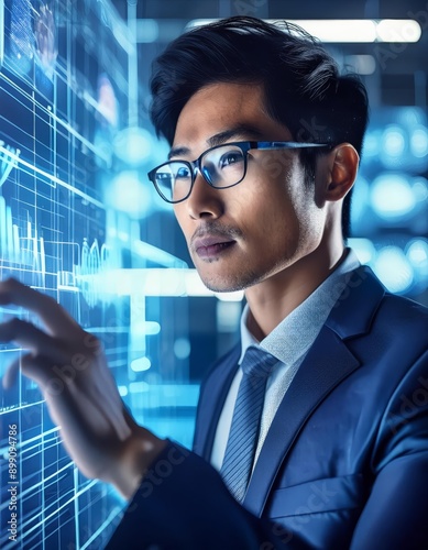 A businessman in a suit interacts with a digital screen filled with data