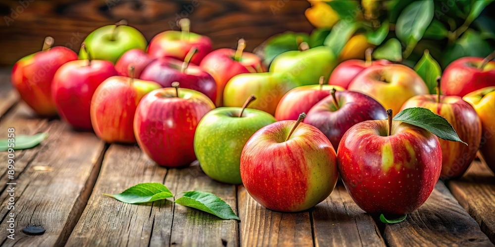 Fresh apples arranged on a rustic wooden table, emphasizing their natural freshness and vibrant colors, apples, wooden table Fresh apples arranged on a rustic wooden table, emphasizing their natural freshness and vibrant colors, apples, wooden table