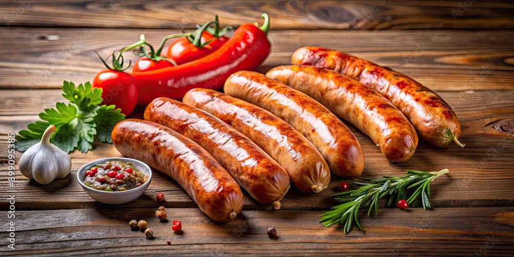 Brightly lit sausages on a wooden surface, perfect for meat lovers and food enthusiasts, sausages, food, meat, cooking Brightly lit sausages on a wooden surface, perfect for meat lovers and food enthusiasts, sausages, food, meat, cooking