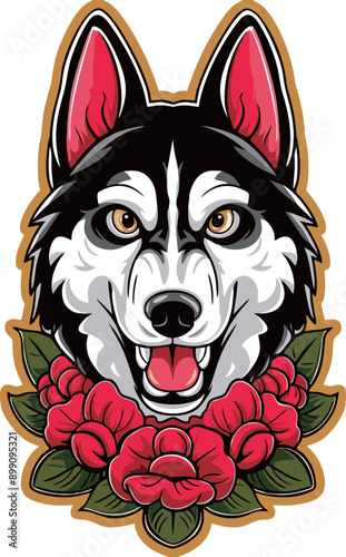 sticker template of husky cartoon character, tattoo design stencil Vector colorful