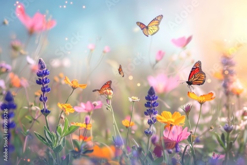 butterflies fluttering around colorful flowers