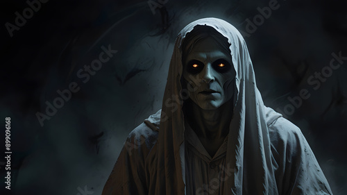 Halloween ghost silhouette haunting haunted horror moon moonlit cemetery night fog mist painting living dead realistic creepy supernatural tress forest mountain rural