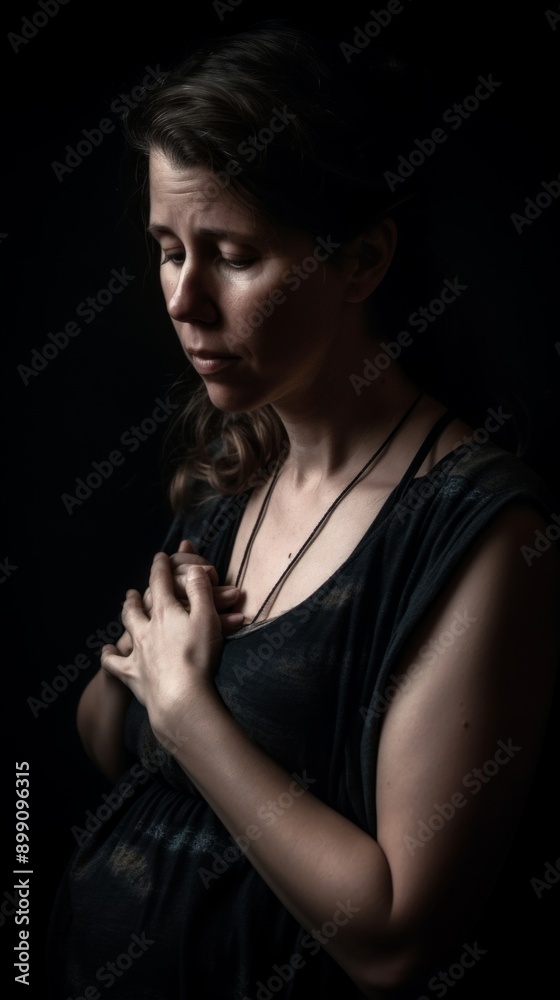A woman in dark attire, holding her hands to her chest, is captured in a moody portrait, evoking contemplation and a sense of inner peace. A woman in dark attire, holding her hands to her chest, is captured in a moody portrait, evoking contemplation and a sense of inner peace.