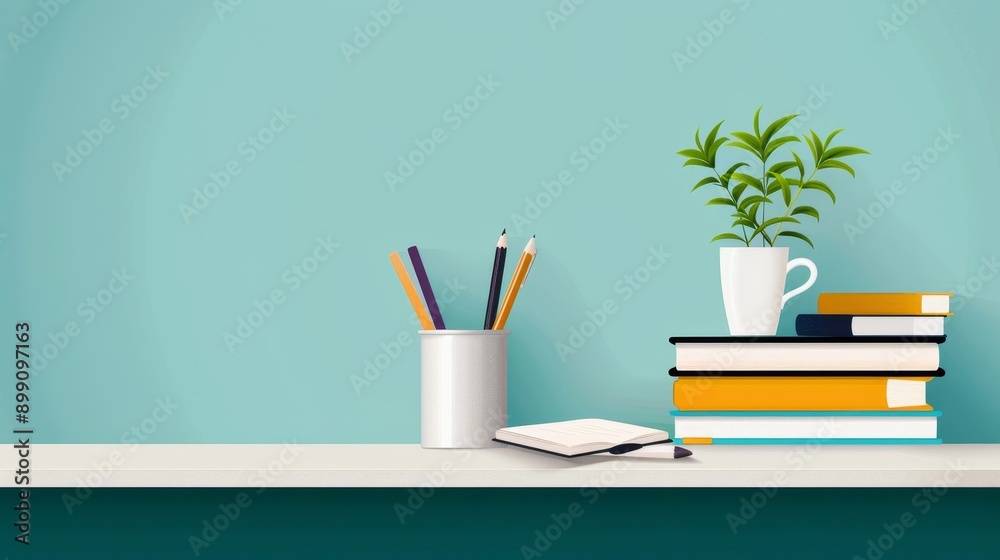 A desk with a book, a cup, a pair of glasses, and a pencil A desk with a book, a cup, a pair of glasses, and a pencil