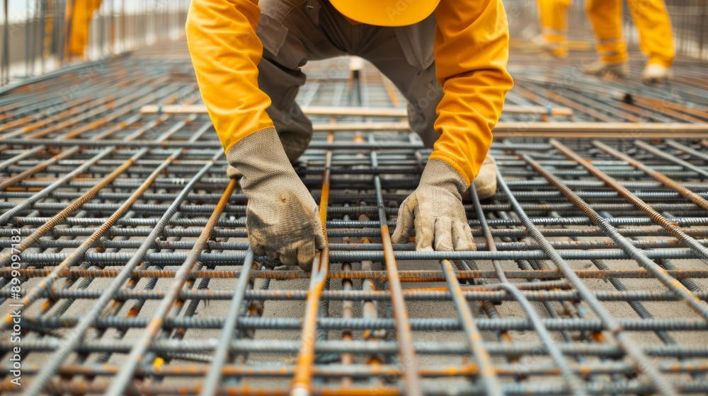 Precision Work: Construction Worker Installing Steel Rebar for Concrete Slab in Brightly Lit Site Precision Work: Construction Worker Installing Steel Rebar for Concrete Slab in Brightly Lit Site