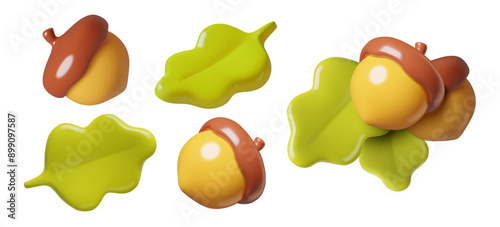 Oak leaves and acorns 3d vector forest elements set. Three dimensional autumn botanical decorations isolated on white background.