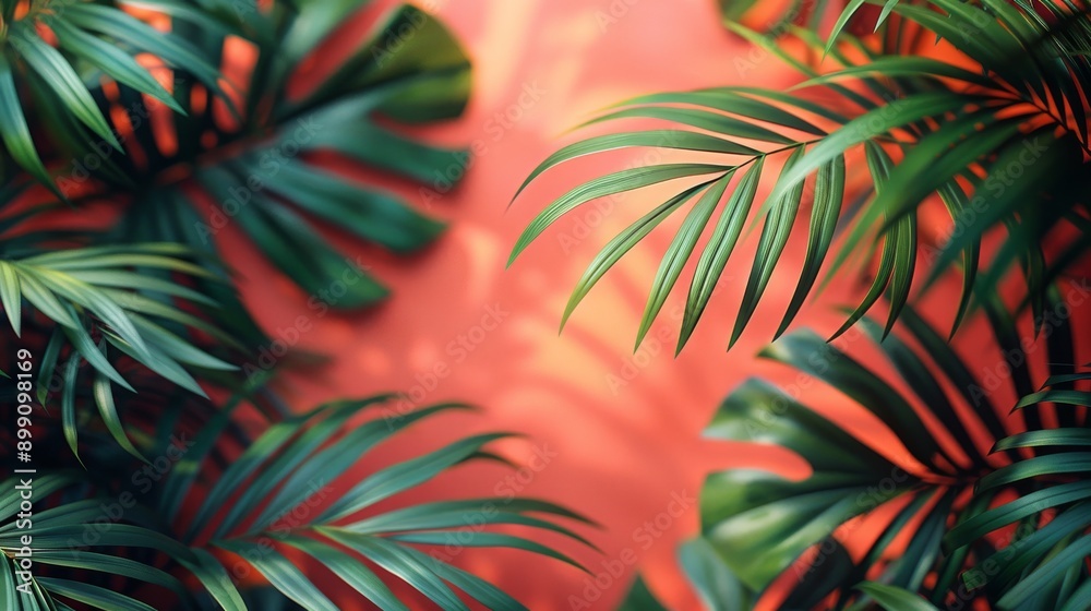 Fototapeta premium Tropical background featuring lush green palm leaves set against a vibrant living coral backdrop