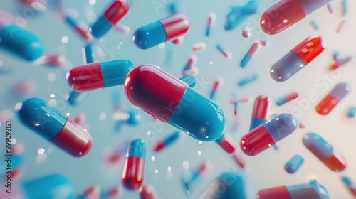 a visual chaos of pills floating and swirling through the air