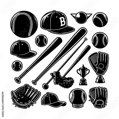 Set of Baseball equipment set silhouette vector. Baseball element collection icon. Baseball game tournament poster, banner, or flyer idea.