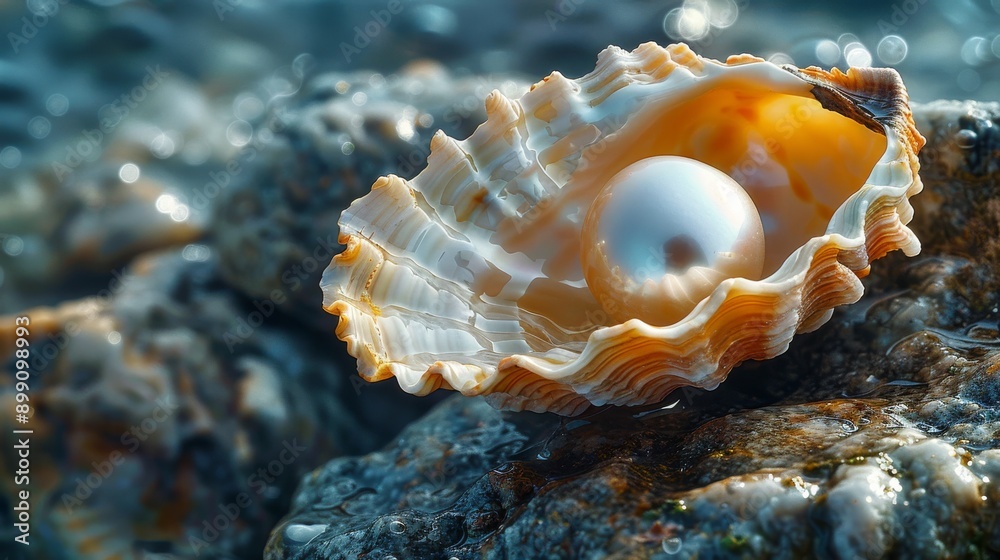 Seashell revealing a beautiful pearl resting on a rock by the sea with sparkling water in the background Seashell revealing a beautiful pearl resting on a rock by the sea with sparkling water in the background