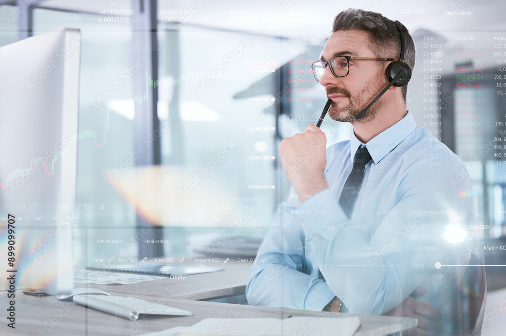Businessman, overlay and headset with computer in office for cryptocurrency support, trading meeting or taking notes. Professional, mature trader and thinking about currency with exposure at desk Businessman, overlay and headset with computer in office for cryptocurrency support, trading meeting or taking notes. Professional, mature trader and thinking about currency with exposure at desk