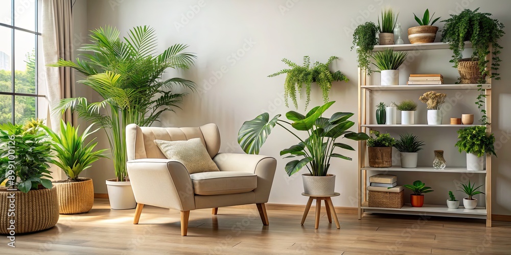 Fototapeta premium Cozy reading corner with a beige armchair surrounded by plants , cozy, reading nook, corner, plants, beige, armchair, comfortable
