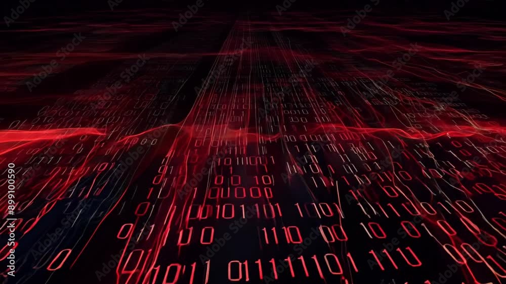 Dark red digital binary code matrix background. Ai Footage.