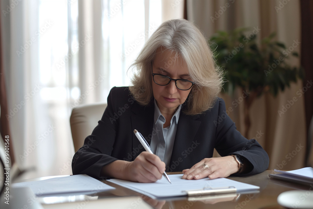 Focused senior businesswoman in glasses, writing on paper at a desk in a professional office environment Focused senior businesswoman in glasses, writing on paper at a desk in a professional office environment