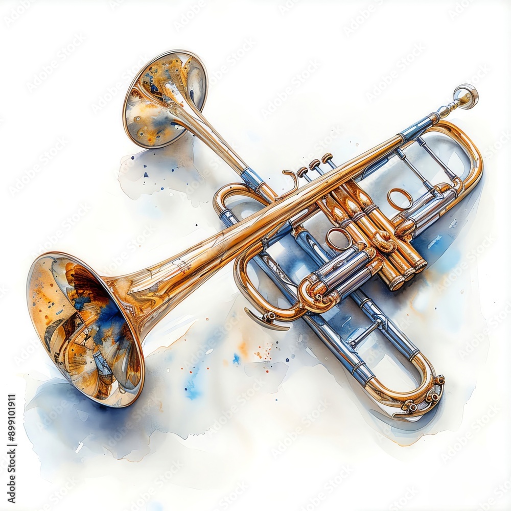 Obraz premium A watercolor image of a shiny trombone with a long slide