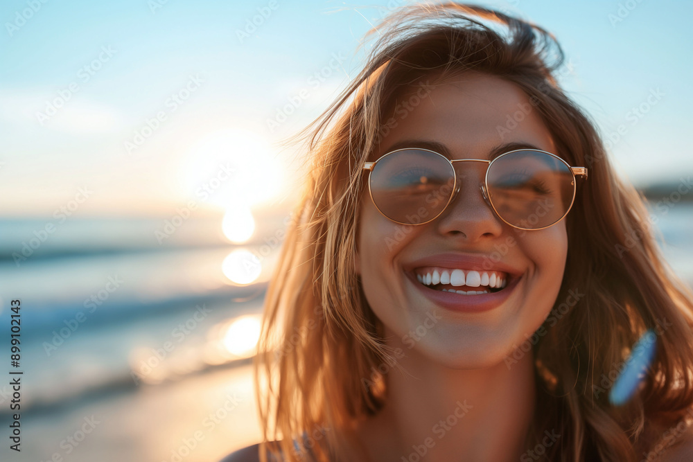 Happy young woman wearing sunglasses and smiling at the beach during sunset. Happy young woman wearing sunglasses and smiling at the beach during sunset.