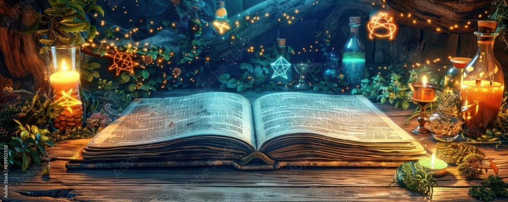 Old spellbook open on a wooden table, glowing potion bottles, mystical herbs, candles, arcane symbols, warm and eerie light, digital painting, high detail, enchanted atmosphere Old spellbook open on a wooden table, glowing potion bottles, mystical herbs, candles, arcane symbols, warm and eerie light, digital painting, high detail, enchanted atmosphere