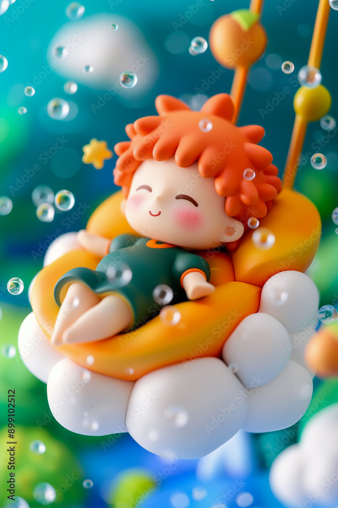 A delightful 3D illustration featuring a cute toy character with orange hair, peacefully swinging on a cloud-shaped swing. The bright and cheerful setting, with floating bubbles and colorful backgroun A delightful 3D illustration featuring a cute toy character with orange hair, peacefully swinging on a cloud-shaped swing. The bright and cheerful setting, with floating bubbles and colorful backgroun