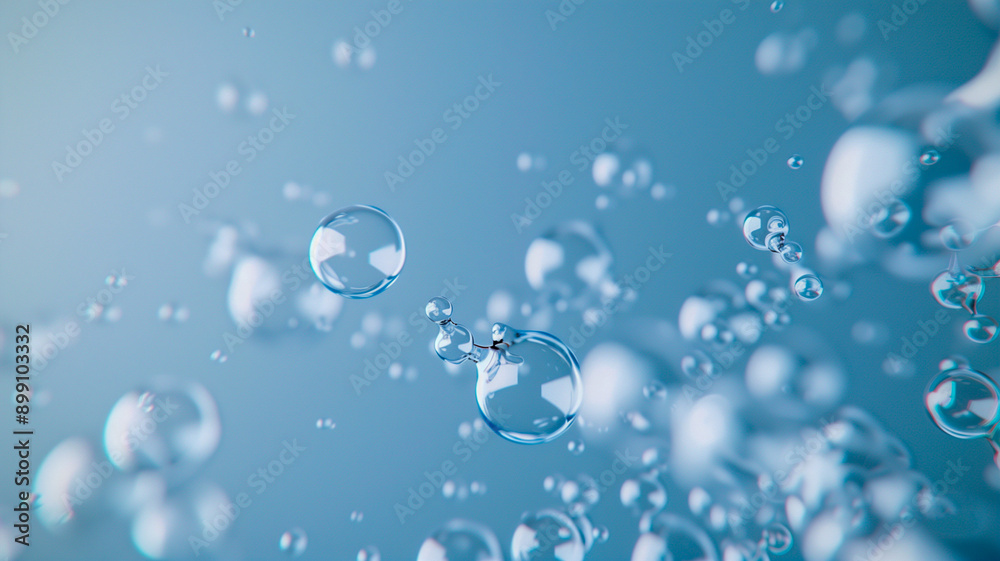 Close-up of transparent water bubbles suspended in a light blue background, evoking a sense of purity and freshness. Ideal for clean and minimalist design projects.
