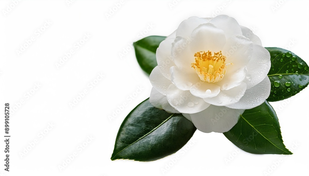 Fototapeta premium Dew-Kissed White Camellia on White Background