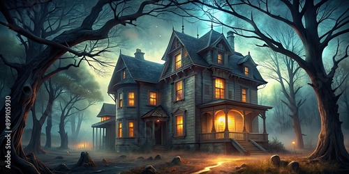 Creepy haunted house with glowing windows surrounded by spooky trees , Halloween, background, haunted, house, creepy, spooky
