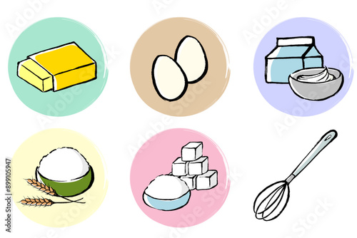 筆タッチのお菓子づくりの材料のイラストセット
