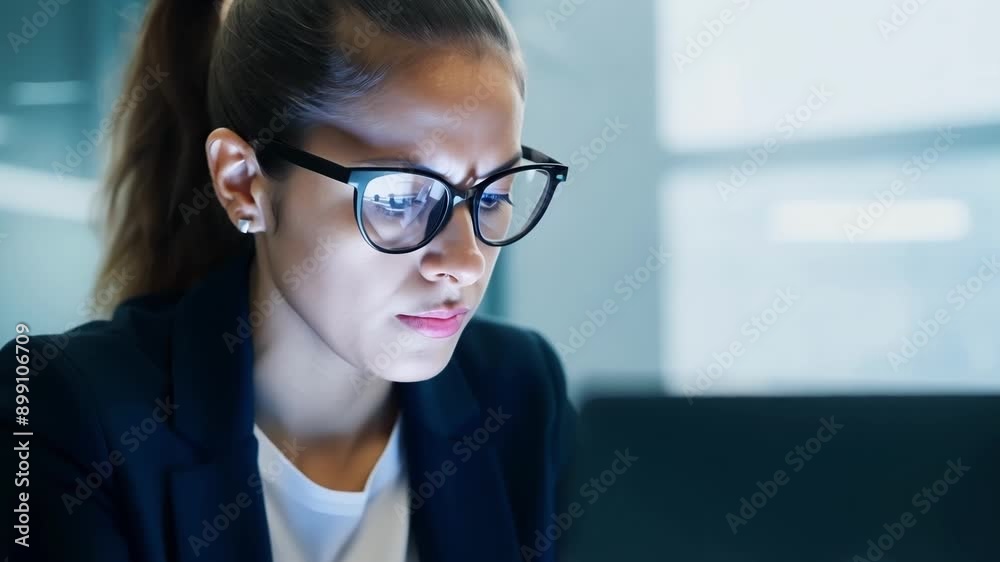 The dedicated female company worker in glasses fervently typing away on her laptop showcasing her commitment to her job. The dedicated female company worker in glasses fervently typing away on her laptop showcasing her commitment to her job.