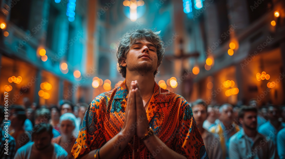 Obraz premium Man in Colorful Attire Praying in Church 