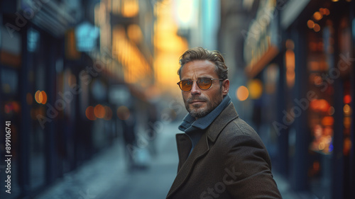 Defocus background portrait of middle aged man with beard cityscape © Stetik