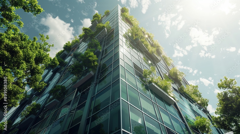Eco-friendly glass building with green trees, eco architecture concept Eco-friendly glass building with green trees, eco architecture concept