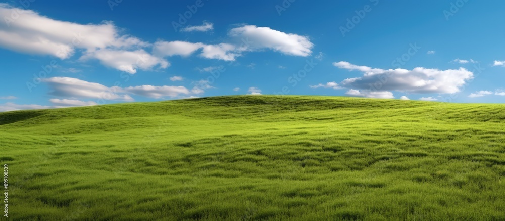 Fototapeta premium Green grass fields on small hills and transparent blue sky with thick clouds