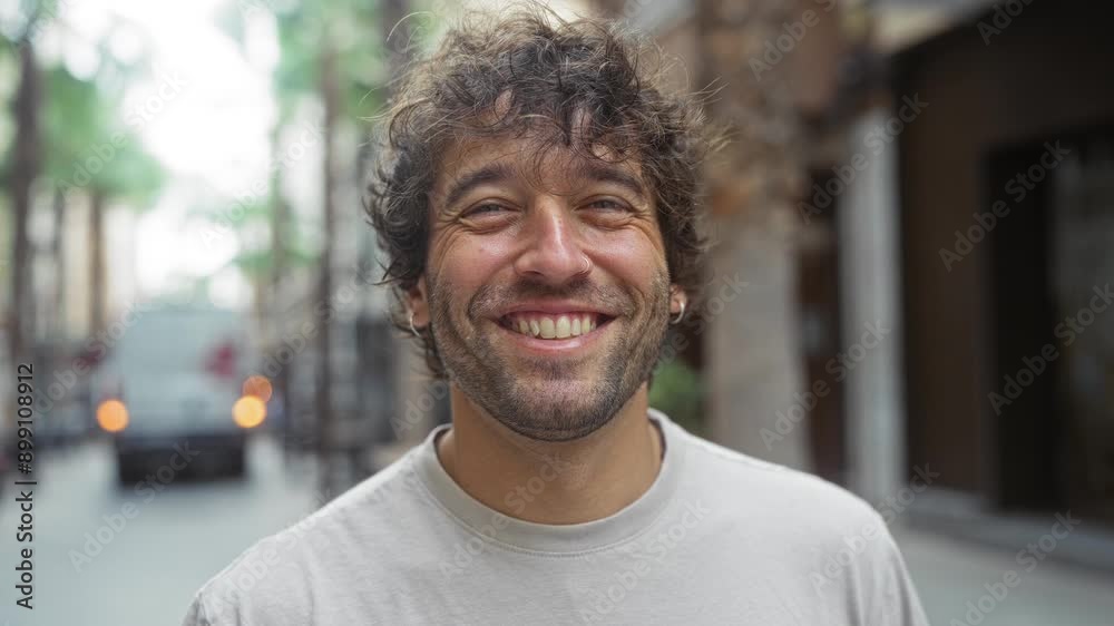 Young man smiling outdoors in an urban street, showcasing an attractive portrait of a hispanic male adult in a city setting Young man smiling outdoors in an urban street, showcasing an attractive portrait of a hispanic male adult in a city setting