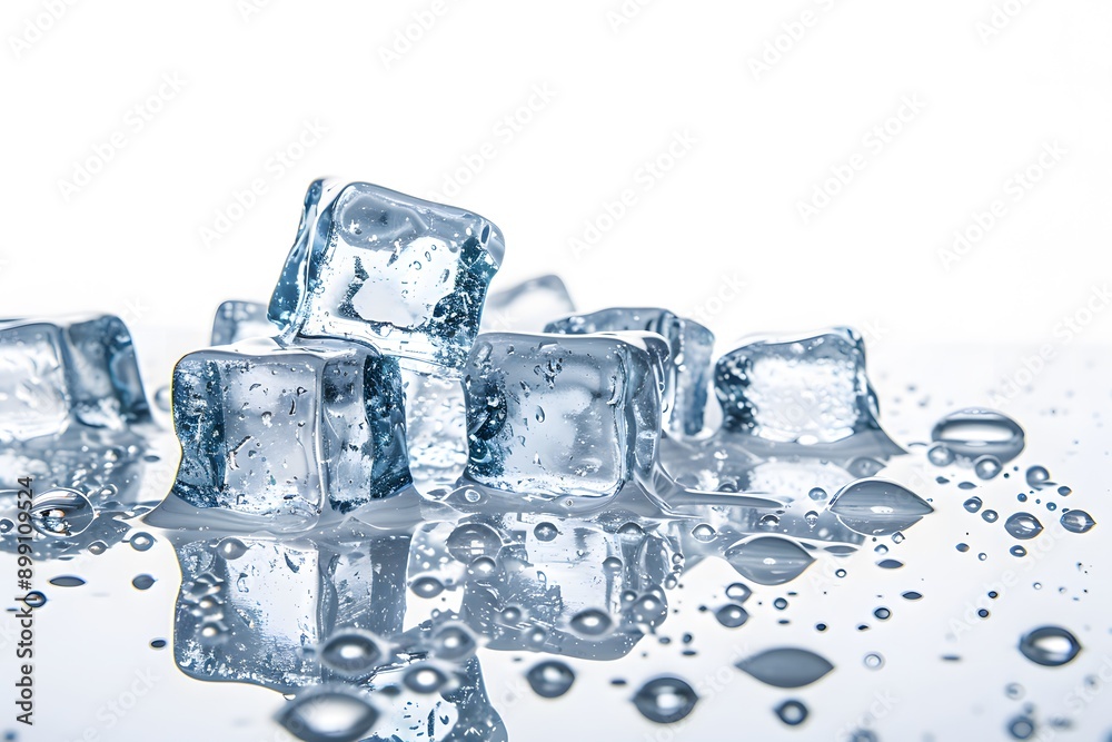 a close-up of three melting ice cubes on a glass table with a white background a close-up of three melting ice cubes on a glass table with a white background